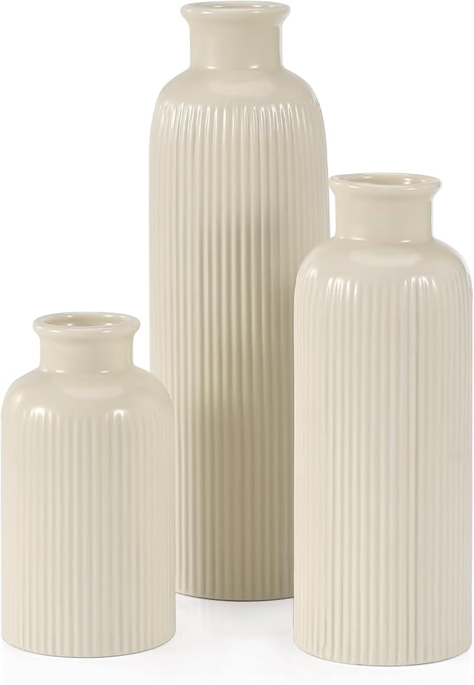 Beige Ceramic Vase Set of 3, Boho Modern Beige Flower Vase Room Decor, Farmhouse Decor, Vases for Your Kitchen, Bathroom, Bedroom, Living Room, Office&Shelf Centerpiece Table Decorations