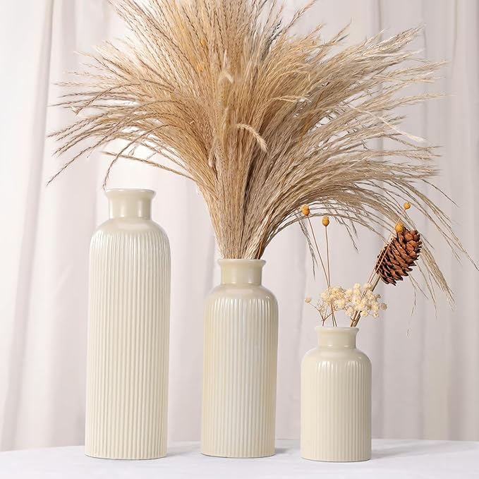 Beige Ceramic Vase Set of 3, Boho Modern Beige Flower Vase Room Decor, Farmhouse Decor, Vases for Your Kitchen, Bathroom, Bedroom, Living Room, Office&Shelf Centerpiece Table Decorations