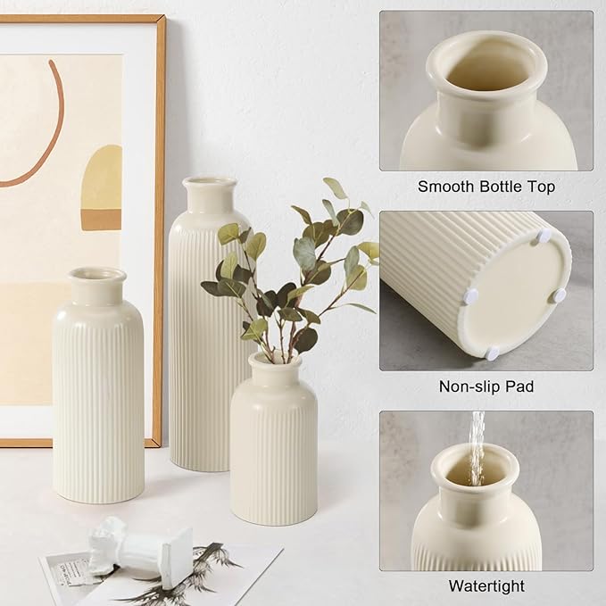 Beige Ceramic Vase Set of 3, Boho Modern Beige Flower Vase Room Decor, Farmhouse Decor, Vases for Your Kitchen, Bathroom, Bedroom, Living Room, Office&Shelf Centerpiece Table Decorations