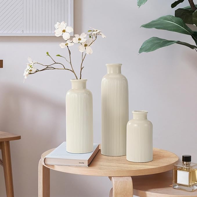 Beige Ceramic Vase Set of 3, Boho Modern Beige Flower Vase Room Decor, Farmhouse Decor, Vases for Your Kitchen, Bathroom, Bedroom, Living Room, Office&Shelf Centerpiece Table Decorations
