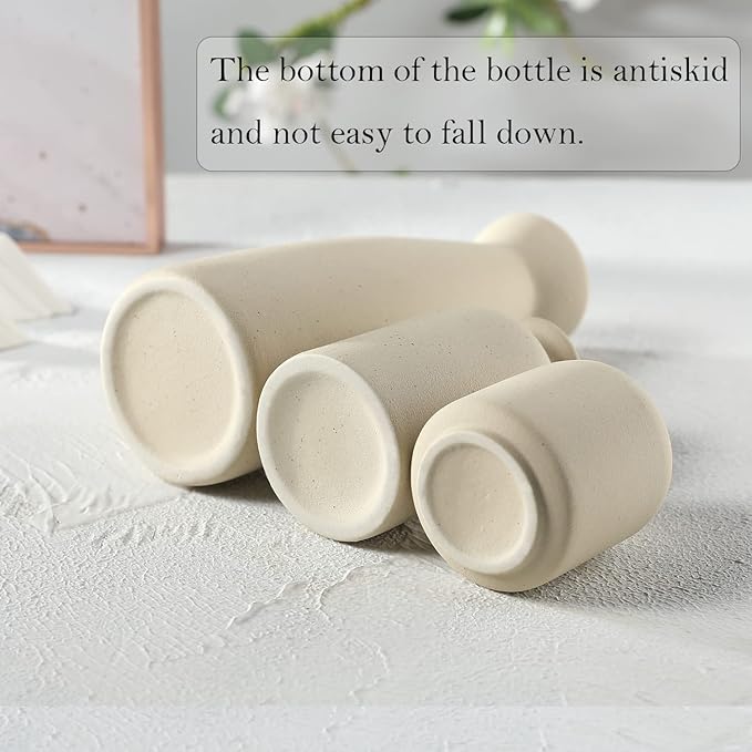 Beige Ceramic vase Set-3 Small Flower vases for Decor,Modern Boho Farmhouse Home Decor,Decorative vase for Pampas Grass&Dried Flowers,idea Shelf,Table,Bookshelf ,Entryway- Distressed