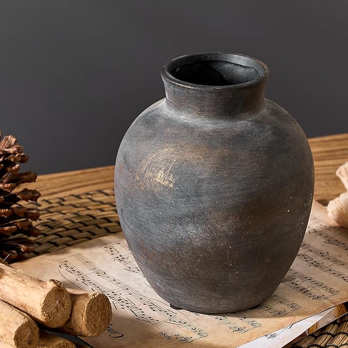 Ceramic Decorative Flower Vase | 6 Inch Pottery Rustic Farmhouse | Boho | Terracotta Vase for Home Decor, Table, Living Room, Bathroom, Shelf, Mantel Decoration, Bronze