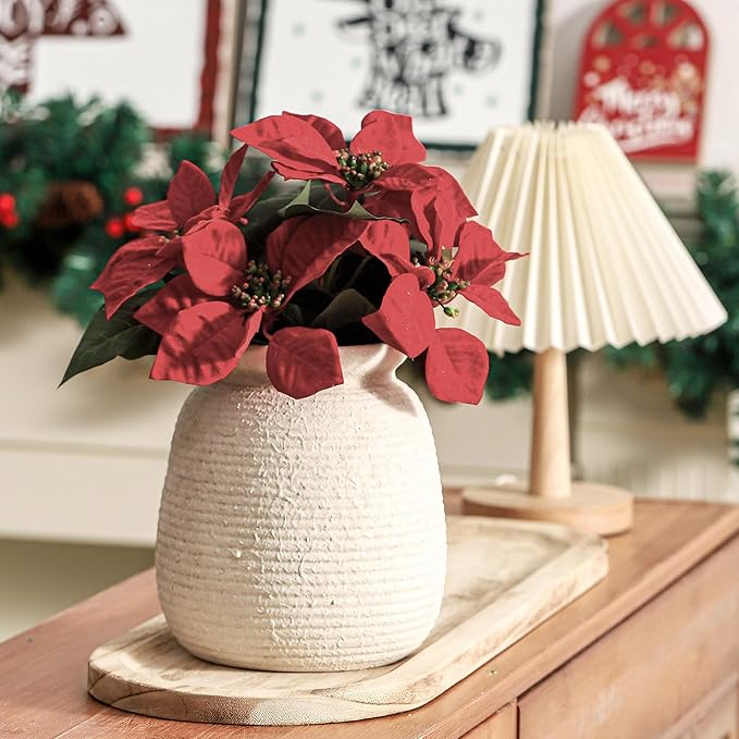 Ceramic Flower Vase, 7.48 Inch White Rustic Farmhouse Decorative Vase Pottery Wide-Mouth Vases for Home Decor Table Living Room Entryway Mantel Bookshelf Bedroom Bathroom Kitchen