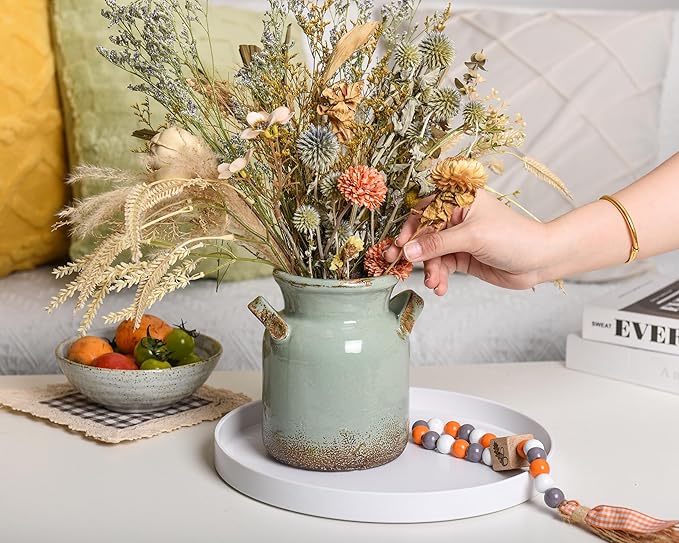 Ceramic Rustic Farmhouse Vase, Distressed Decorative Flower Vases for Home Decor, Ideal Shelf Decor, Green Boho Vase for Living Room Bedroom Kitchen Office Centerpiece Table Decorations