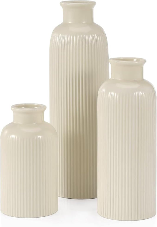 Beige Ceramic Vase Set of 3, Boho Modern Beige Flower Vase Room Decor, Farmhouse Decor, Vases for Your Kitchen, Bathroom, Bedroom, Living Room, Office&Shelf Centerpiece Table Decorations