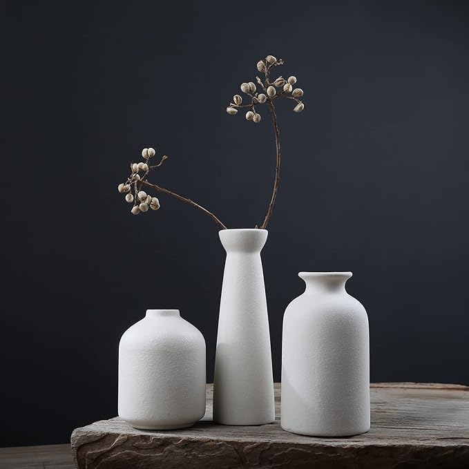Ceramic Vase,Small Vases for Decor,Set 3 Modern Boho Vases for Flower Pampas,Fit for Living Room Desk Shelf Decor (White)