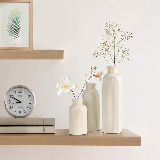 Beige Ceramic Vase Set of 3, Boho Modern Beige Flower Vase Room Decor, Farmhouse Decor, Vases for Your Kitchen, Bathroom, Bedroom, Living Room, Office&Shelf Centerpiece Table Decorations