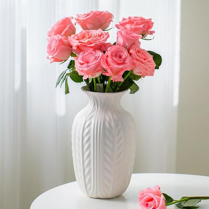 White Ceramic Flower Vase, 10 Inch Unique Wheat Ear Textured Modern Large Vases for Trendy Home Decor Living Room Entryway Shelf Office Rustic Table Centerpiece (Matte White)