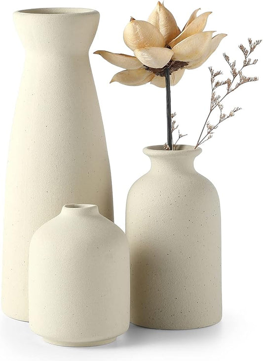 Beige Ceramic vase Set-3 Small Flower vases for Decor,Modern Boho Farmhouse Home Decor,Decorative vase for Pampas Grass&Dried Flowers,idea Shelf,Table,Bookshelf ，Entryway- Distressed