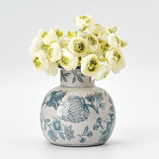 Blue and White Vintage Vase | 6 Inch Ceramic  Floral | Retro Ice Cracked Blue and White Porcelain Vase for Table, Living Room, Bathroom Decoration, Wedding, Shelf Decor, Mantel