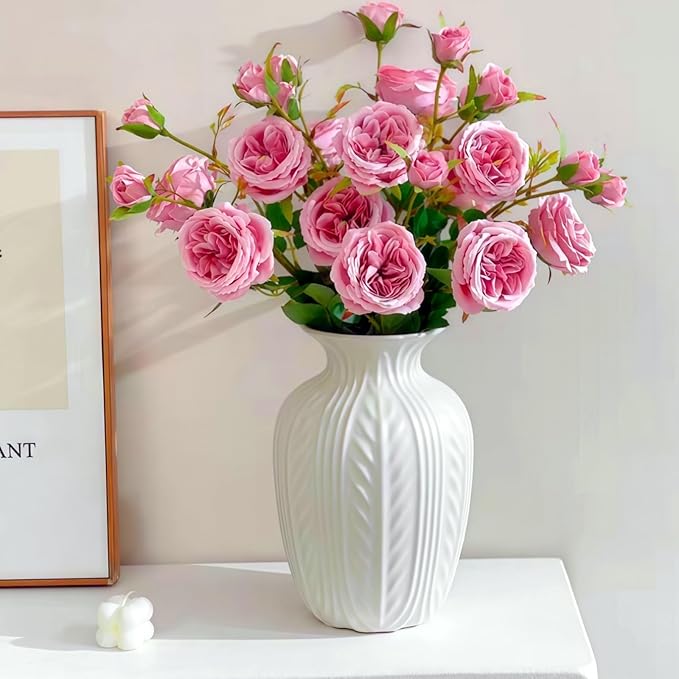 White Ceramic Flower Vase, 10 Inch Unique Wheat Ear Textured Modern Large Vases for Trendy Home Decor Living Room Entryway Shelf Office Rustic Table Centerpiece (Matte White)