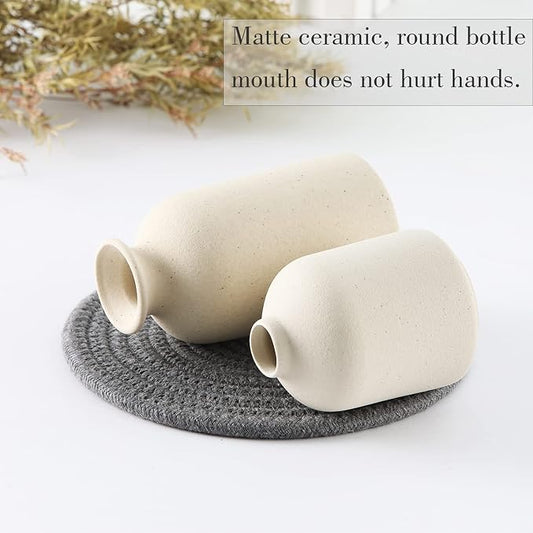 Beige Ceramic vase Set-3 Small Flower vases for Decor,Modern Boho Farmhouse Home Decor,Decorative vase for Pampas Grass&Dried Flowers,idea Shelf,Table,Bookshelf ，Entryway- Distressed