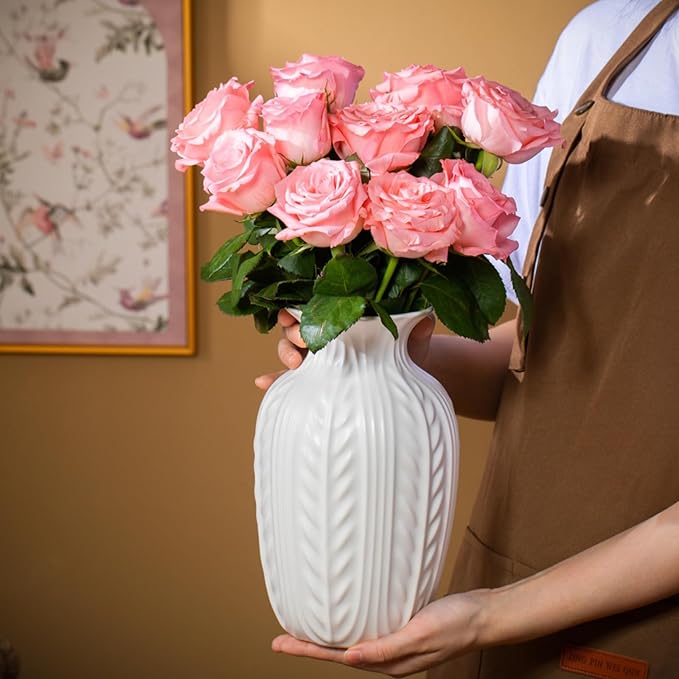 White Ceramic Flower Vase, 10 Inch Unique Wheat Ear Textured Modern Large Vases for Trendy Home Decor Living Room Entryway Shelf Office Rustic Table Centerpiece (Matte White)