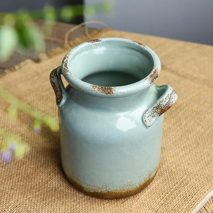 Ceramic Rustic Farmhouse Vase, Distressed Decorative Flower Vases for Home Decor, Ideal Shelf Decor, Green Boho Vase for Living Room Bedroom Kitchen Office Centerpiece Table Decorations