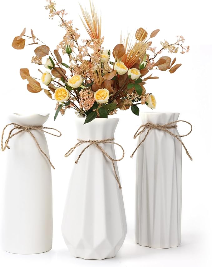 White Ceramic Vase Set of 3,Flower Vase Dried Flower Vase for Modern Home Decor,Small Rustic Farmhouse Boho Vase for Kitchen,Bedroom,Office,Living Room,Bathroom,Shelf Centerpiece Table Decorations