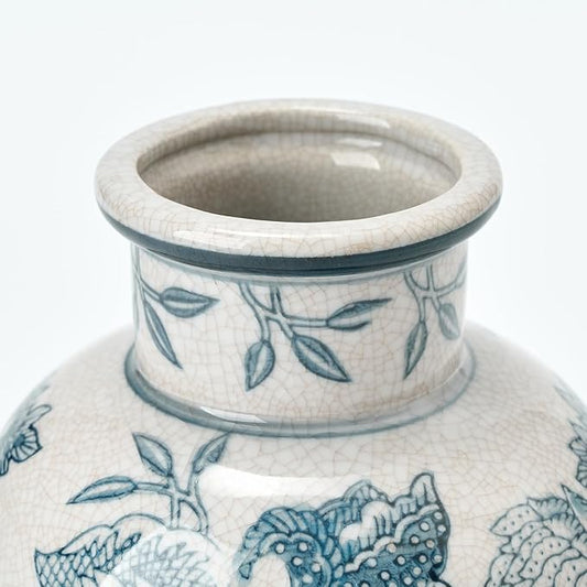 Blue and White Vintage Vase | 6 Inch Ceramic  Floral | Retro Ice Cracked Blue and White Porcelain Vase for Table, Living Room, Bathroom Decoration, Wedding, Shelf Decor, Mantel