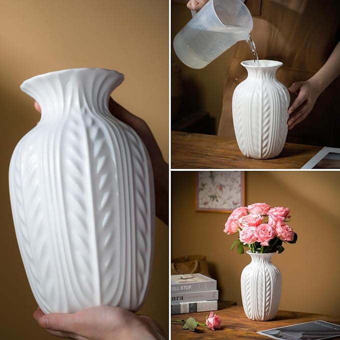White Ceramic Flower Vase, 10 Inch Unique Wheat Ear Textured Modern Large Vases for Trendy Home Decor Living Room Entryway Shelf Office Rustic Table Centerpiece (Matte White)