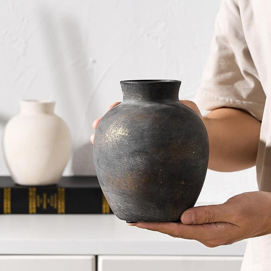 Ceramic Decorative Flower Vase | 6 Inch Pottery Rustic Farmhouse | Boho | Terracotta Vase for Home Decor, Table, Living Room, Bathroom, Shelf, Mantel Decoration, Bronze