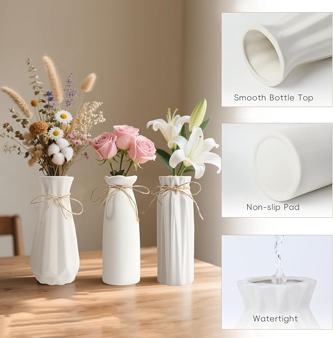 White Ceramic Vase Set of 3,Flower Vase Dried Flower Vase for Modern Home Decor,Small Rustic Farmhouse Boho Vase for Kitchen,Bedroom,Office,Living Room,Bathroom,Shelf Centerpiece Table Decorations