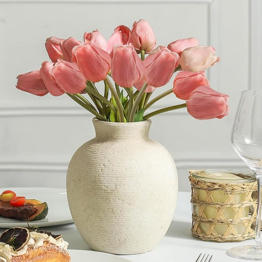 Ceramic Flower Vase Home Decor - Farmhouse Table Vases Rustic Vintage Living Room Kitchen Bedroom Decorations for House Book Shelf Office Coffee Desk Dining Fireplace (7.4" Rustic)