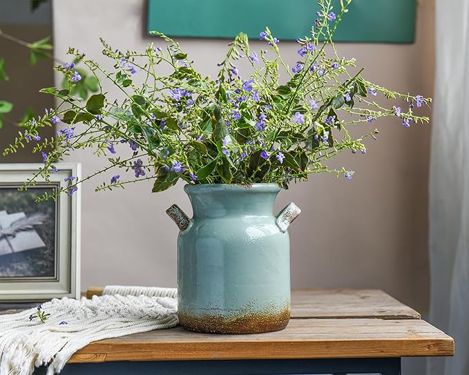 Ceramic Rustic Farmhouse Vase, Distressed Decorative Flower Vases for Home Decor, Ideal Shelf Decor, Green Boho Vase for Living Room Bedroom Kitchen Office Centerpiece Table Decorations