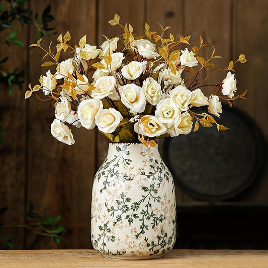 Green and Beige Vintage Vase,  Floral Vase, Rustic Ceramic Large Vases for Home Decors, Living Room, Bookshelf, Office, Grand Millennial Decor,   7.8 Inch