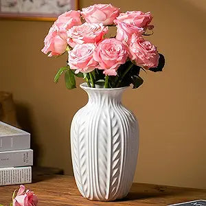 White Ceramic Flower Vase, 10 Inch Unique Wheat Ear Textured Modern Large Vases for Trendy Home Decor Living Room Entryway Shelf Office Rustic Table Centerpiece (Matte White)